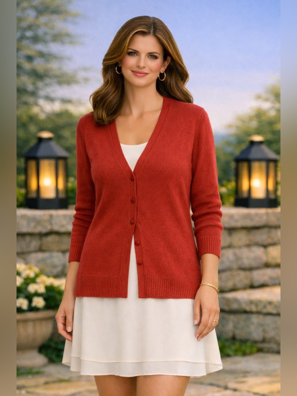 August Max Women’s Red Stretch Silk Button Up Cardigan SZ 3 Preppy Holidays